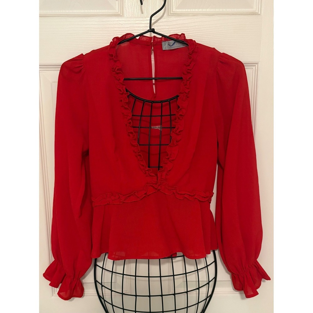 A Father's Love Women's Small Red Ruffle Peplum Blouse Long Sleeve